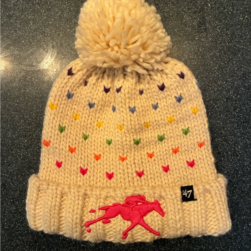 47 Cream Knit Beanie with Rainbow Dots and Pink Horse